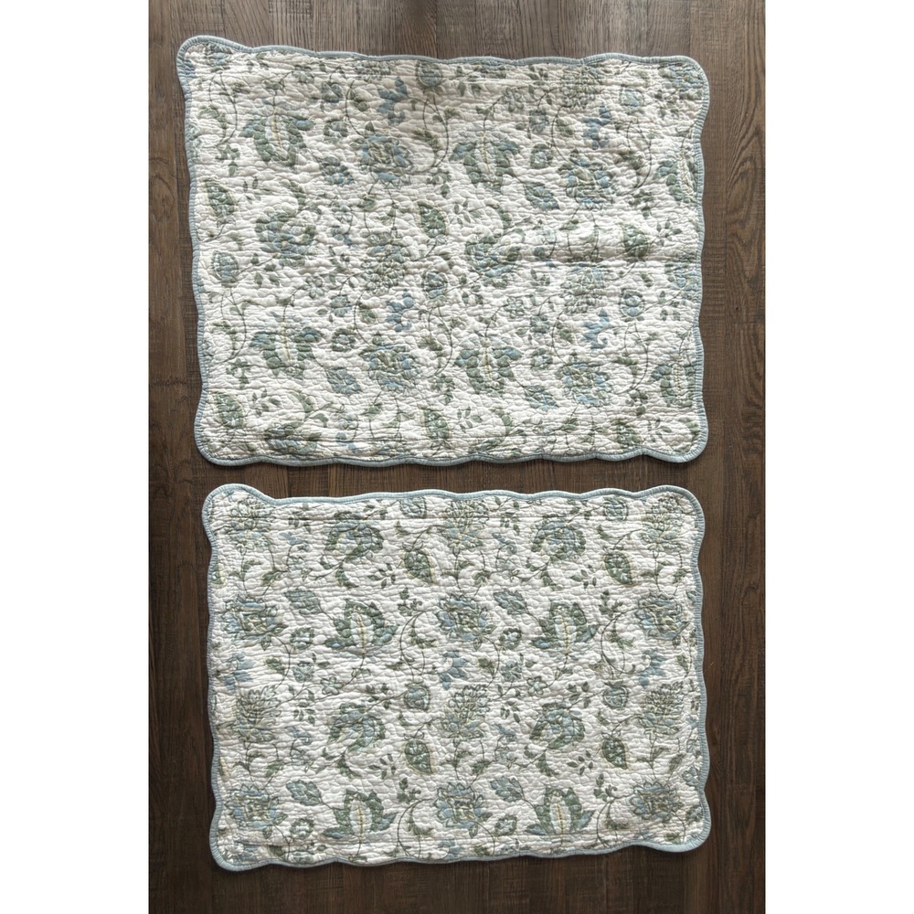 Home Classics Set of 2 Quilted Pillow Shams Floral Blue Green Cotton Standard